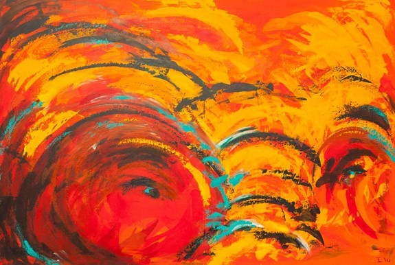 Stort abstrakt aflang maleri, hvor man aner et blik fra elefanten.