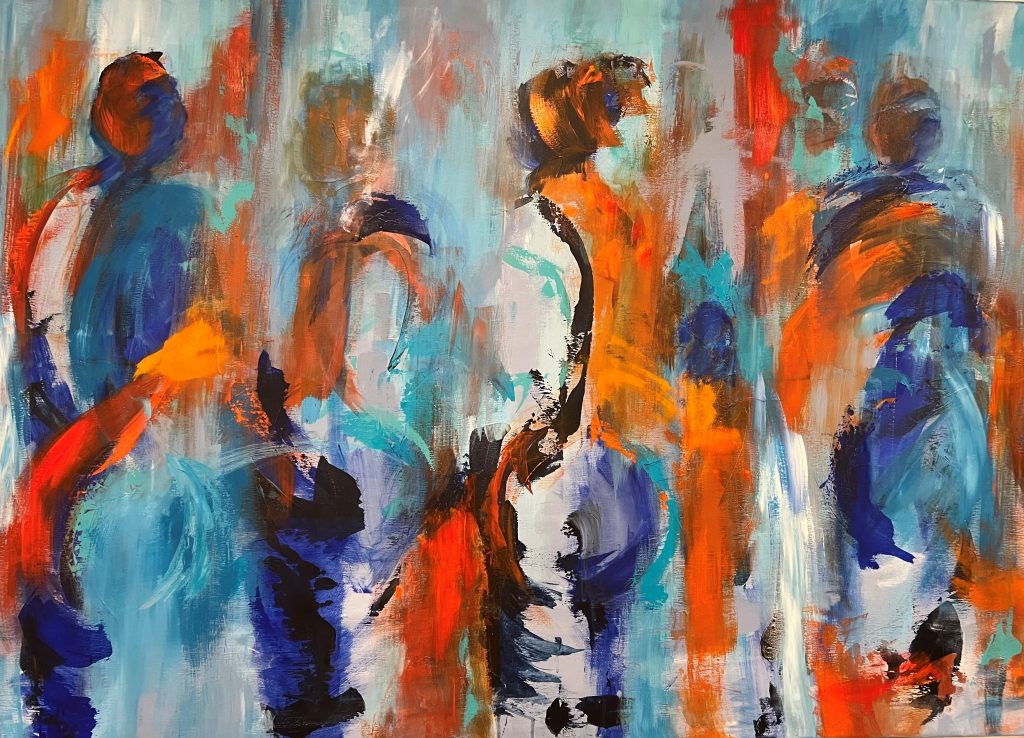 Stort farverigt maleri i blå nuancer - og hvor man kan se mennesker, der bevæger sig mellem hinanden.