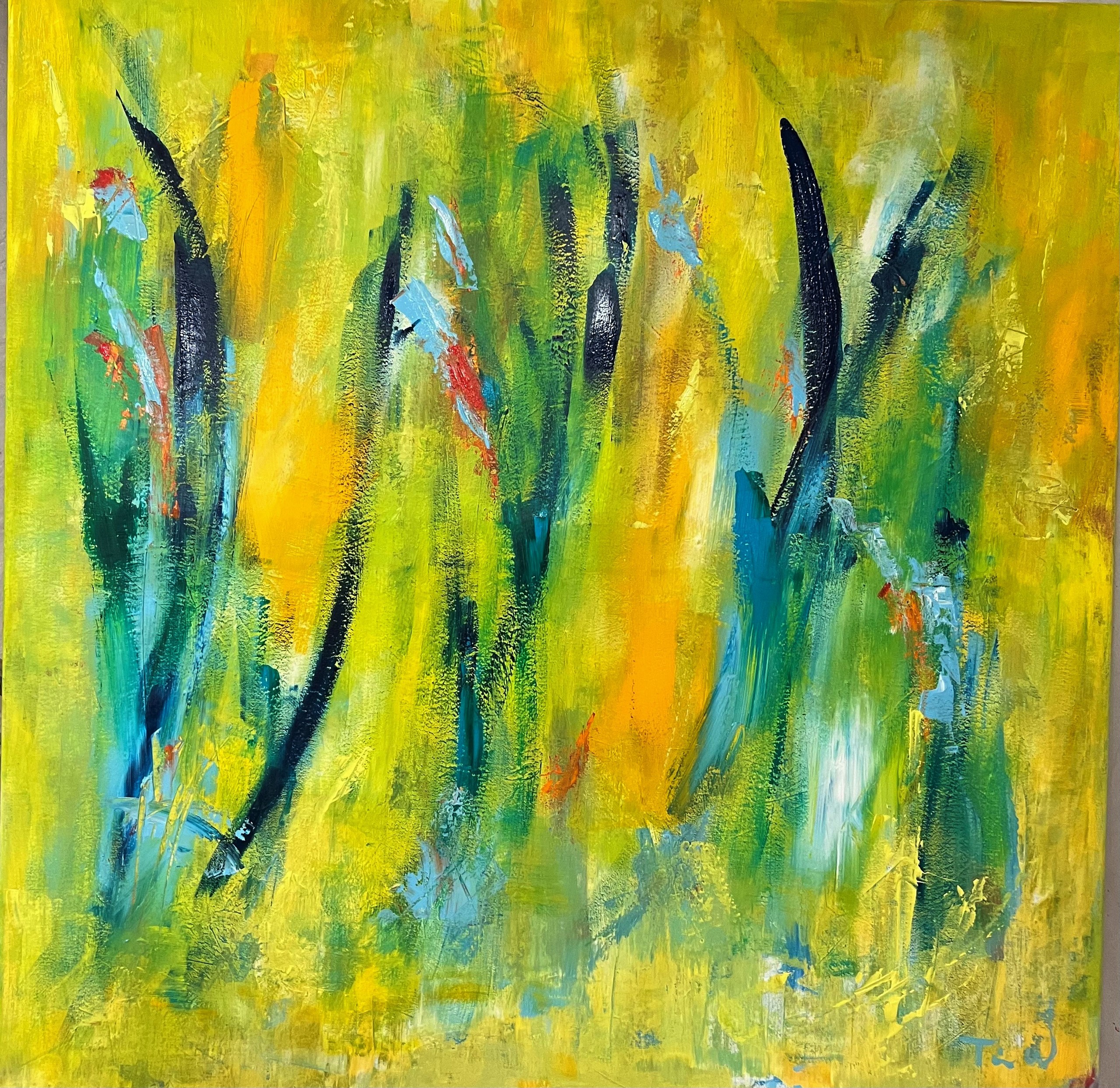 Kvadratisk abstrakt farverigt maleri, hvor nogle ser planter, blomster, fugle og eller dyr.