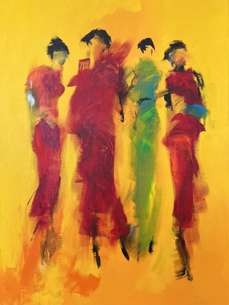 Elegant og spændende maleri, der med enkelte penselstrøg giver fornemmelsen af 4 kvinder, der står og taler i farverigt tøj