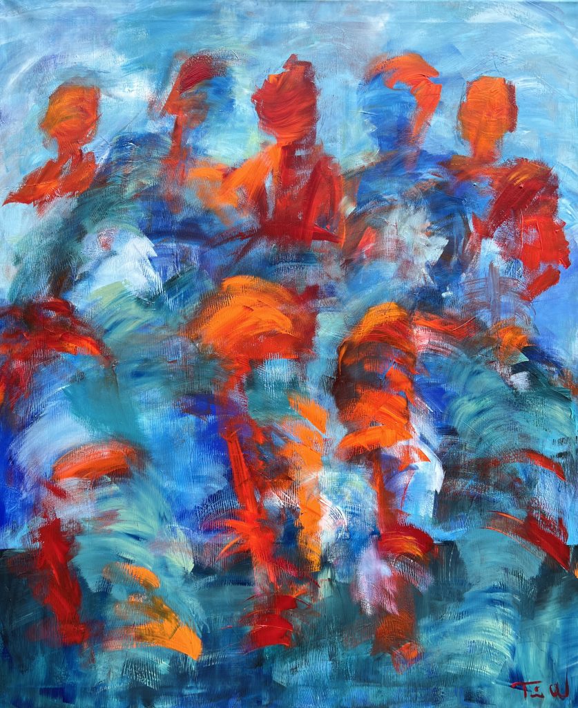 Stort farverigt og abstrakt maleri - et aflangt maleri med blå og røde nuancer i en smuk kombination