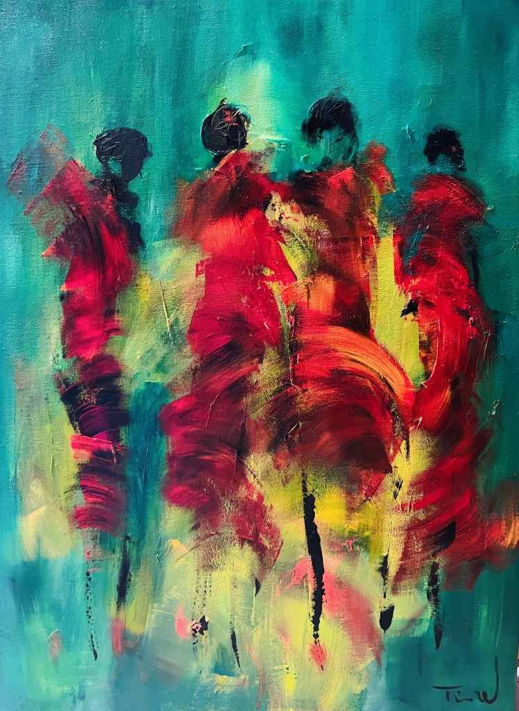 Maleri af kvinder, der danser i sommeraftenen i flotte røde kjoler