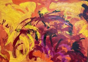 Stort aflangt abstrakt maleri i en eksplosion af farver og energi