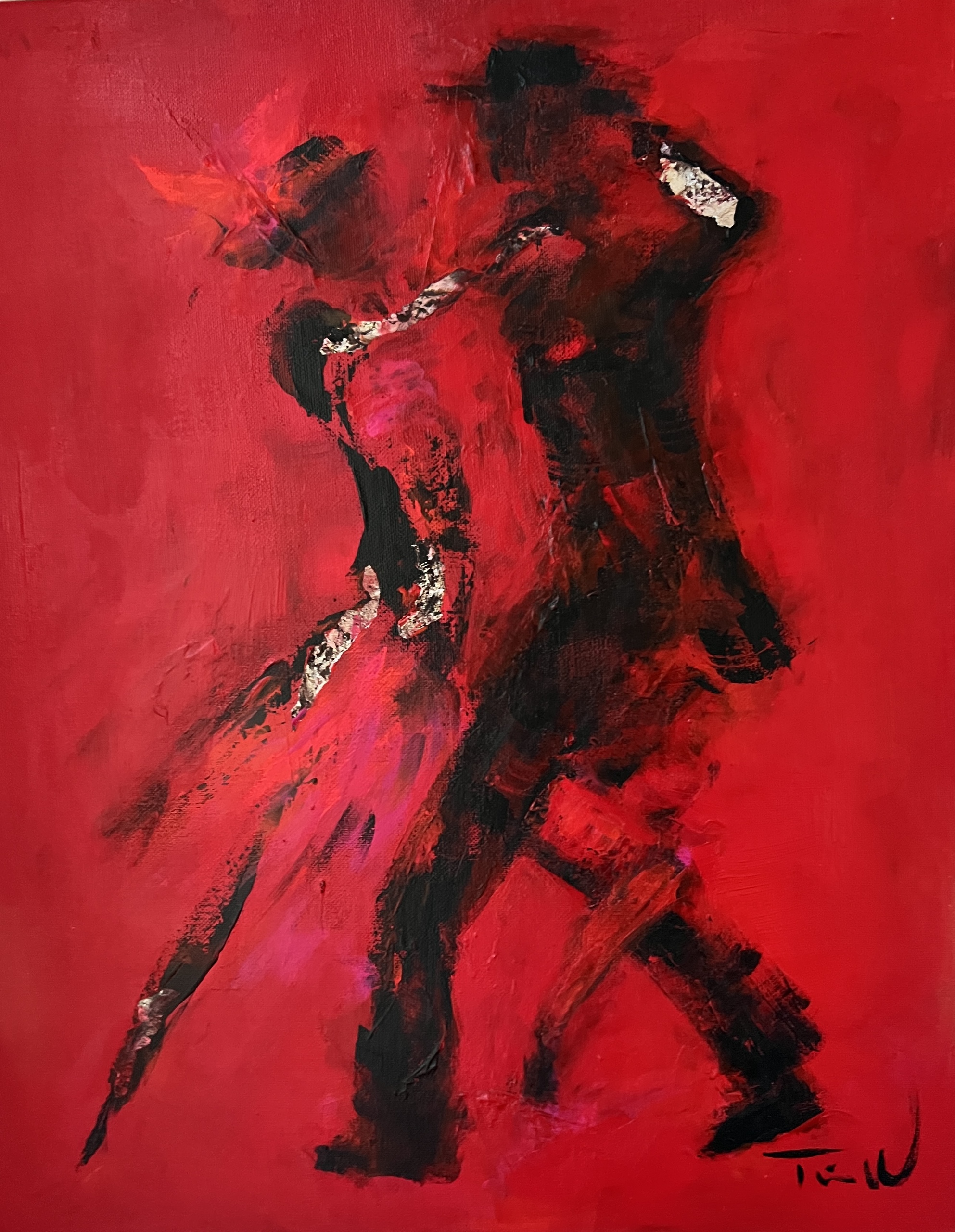 Flot maleri af tangodanser i rød, sort og hvid og den karakteristiske  dansefatning.