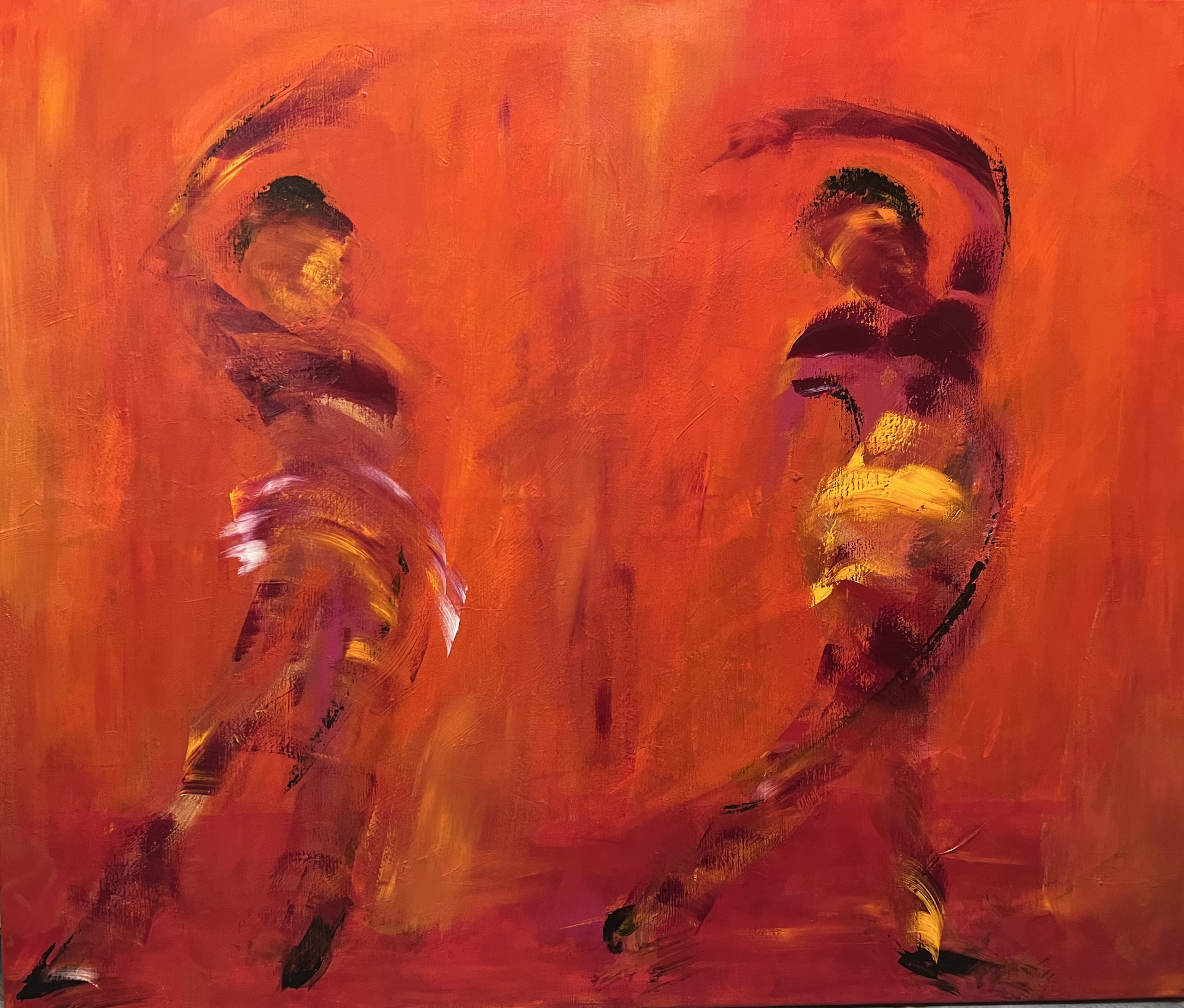 Dejligt varmt maleri med tre kvinder i bevægelse - på vej op eller ned?
