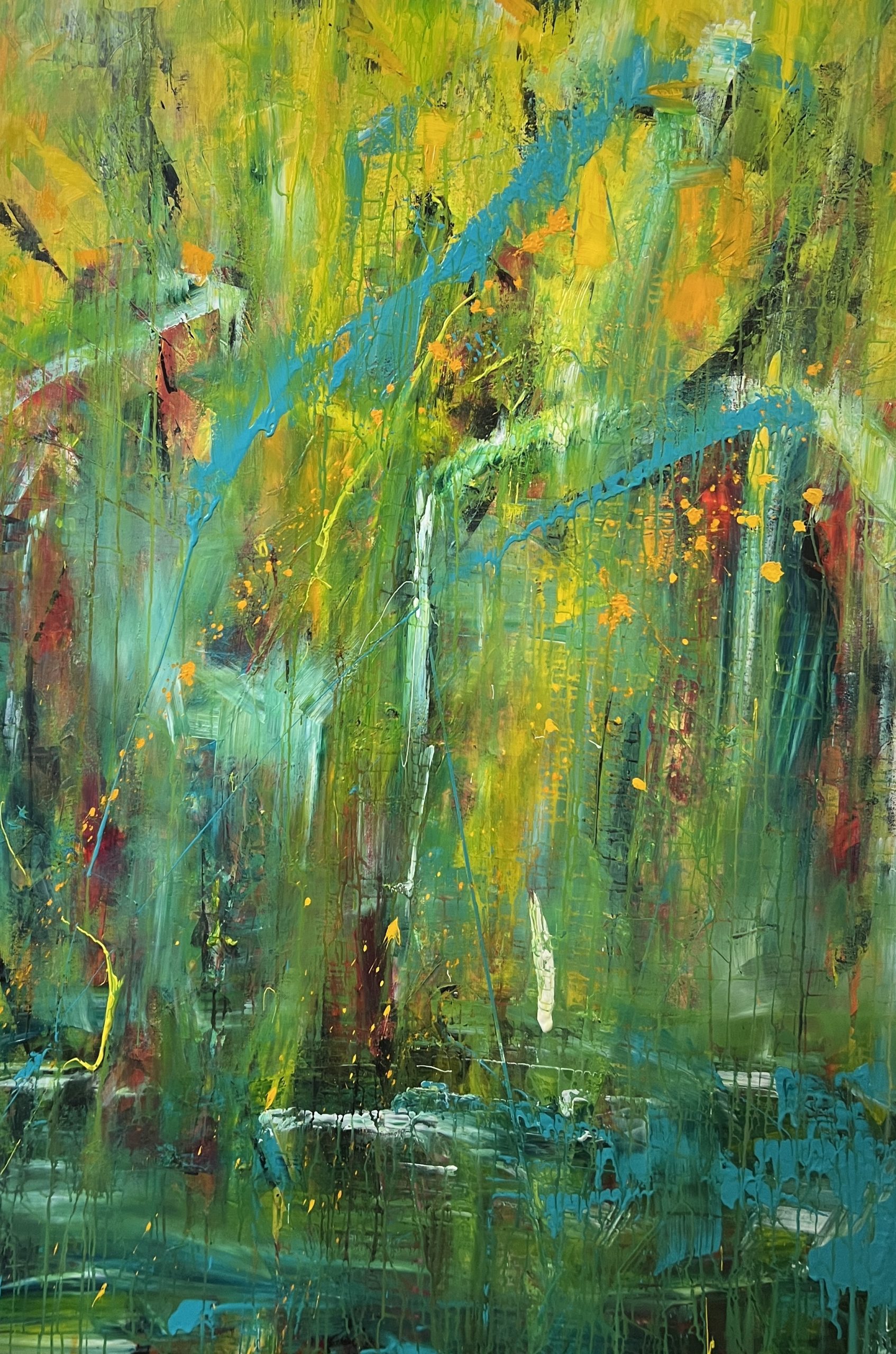 Masser af dynamik i dette smukke farverige maleri , hvor man fornemmer vand, træer - og måske fugle.