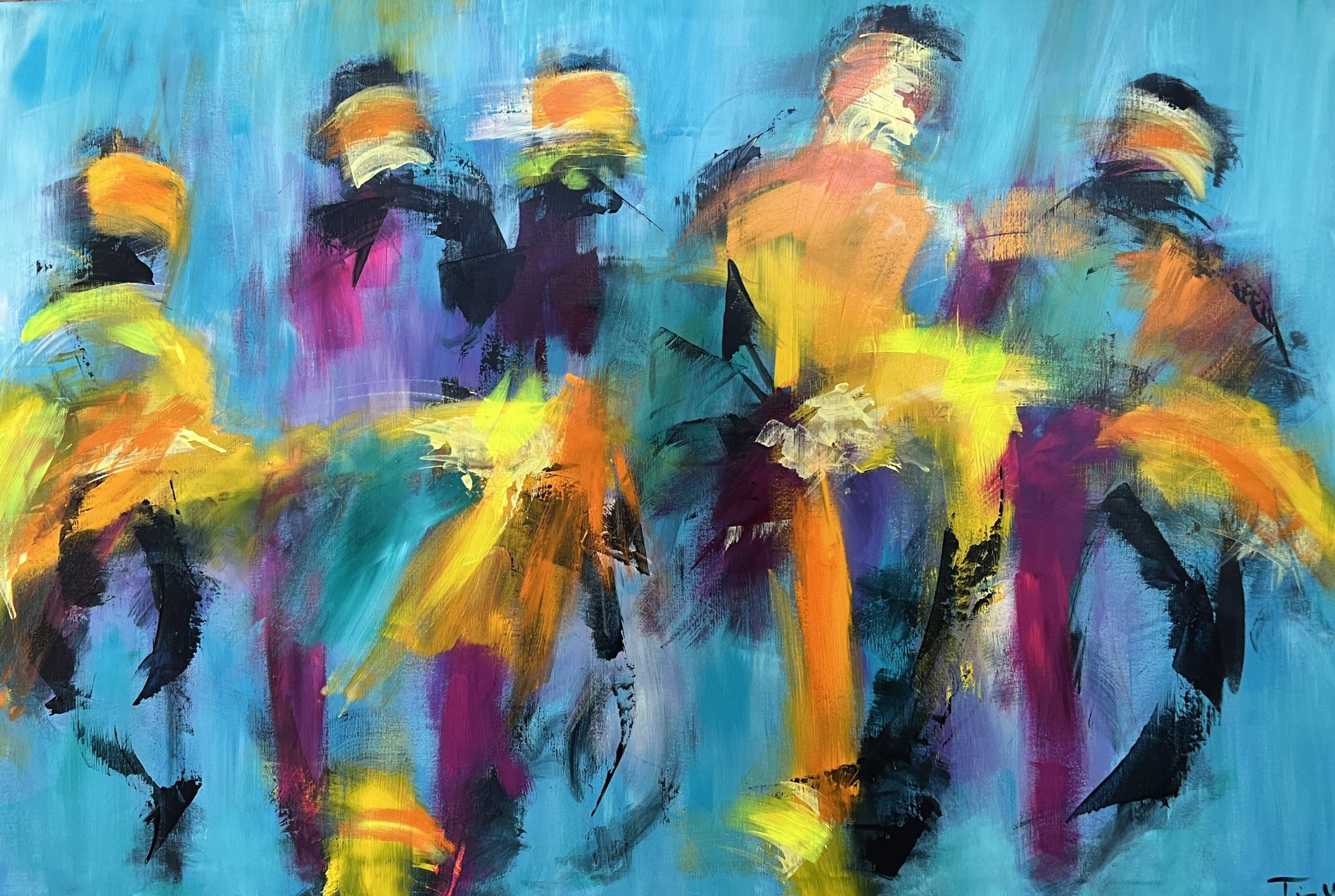 Stort maleri i glade farver med mennesker i bevægelse - måske dans.