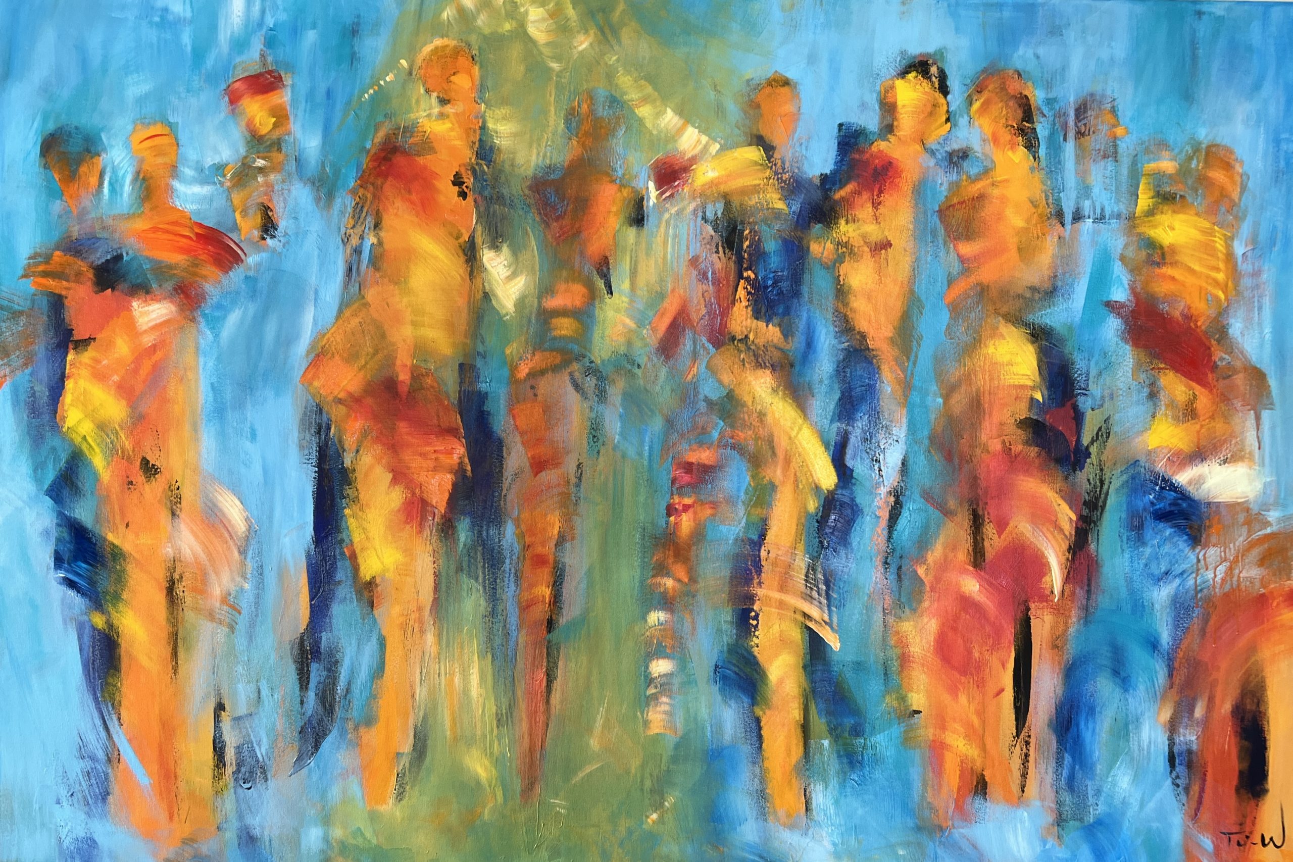 Flot stort farverigt maleri, hvor den gule stribe giver en spændende kontrast til den blå baggrund.