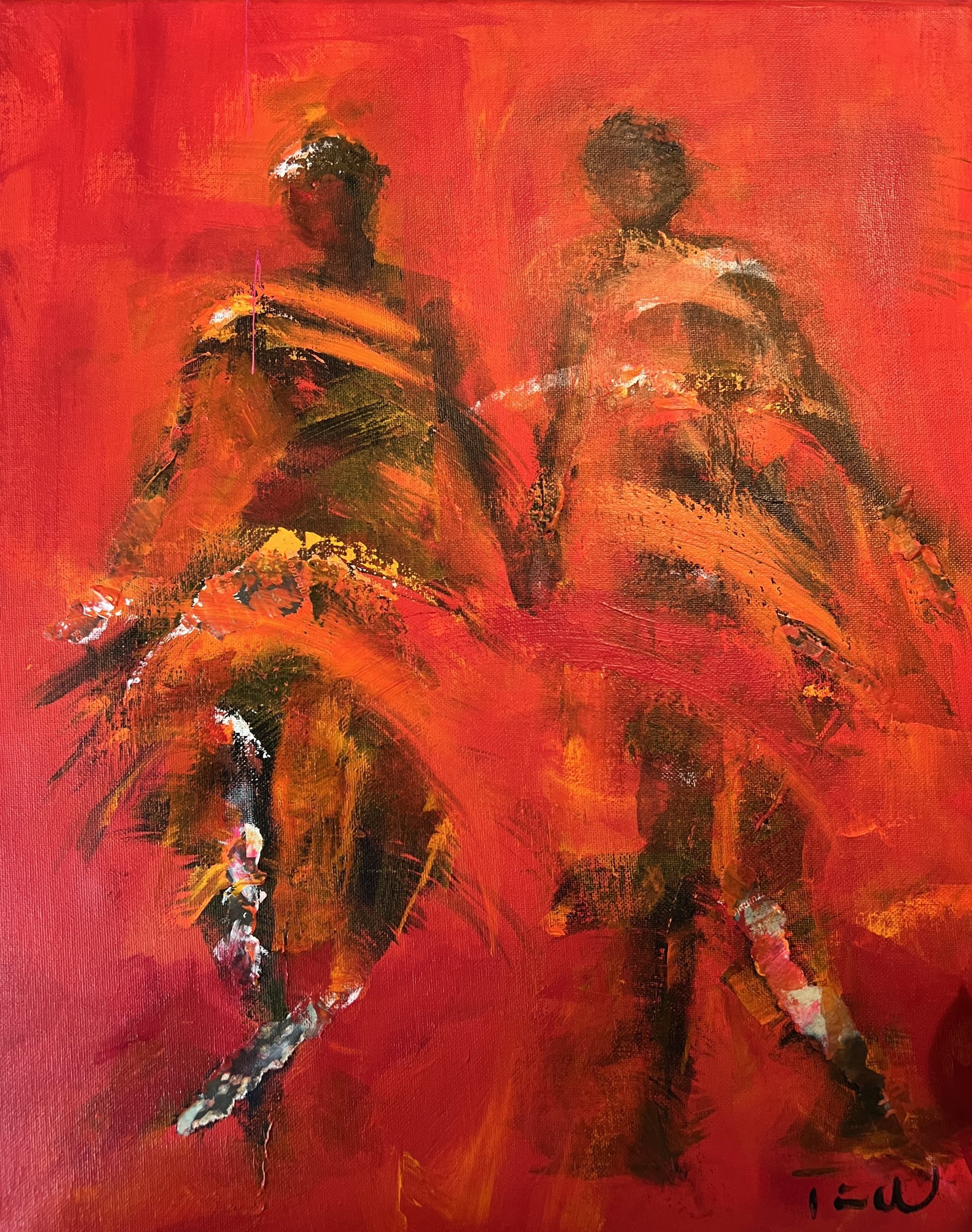 Der er gang i skørterne i dette maleri med to der danser lindyhop eller jitterbug. Maleriet er abstrakt og farverigt samtidig med at man fornemmer de mennesker i bevægelse.