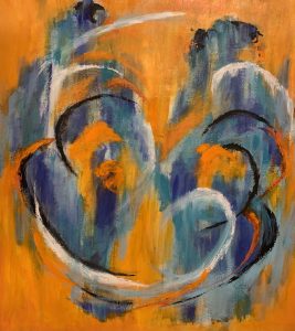 Halv abstrakt maleri i akrylmaling med masser af dans og bevægelse, hvor2 blå ekspressive figurer skimtes i dans