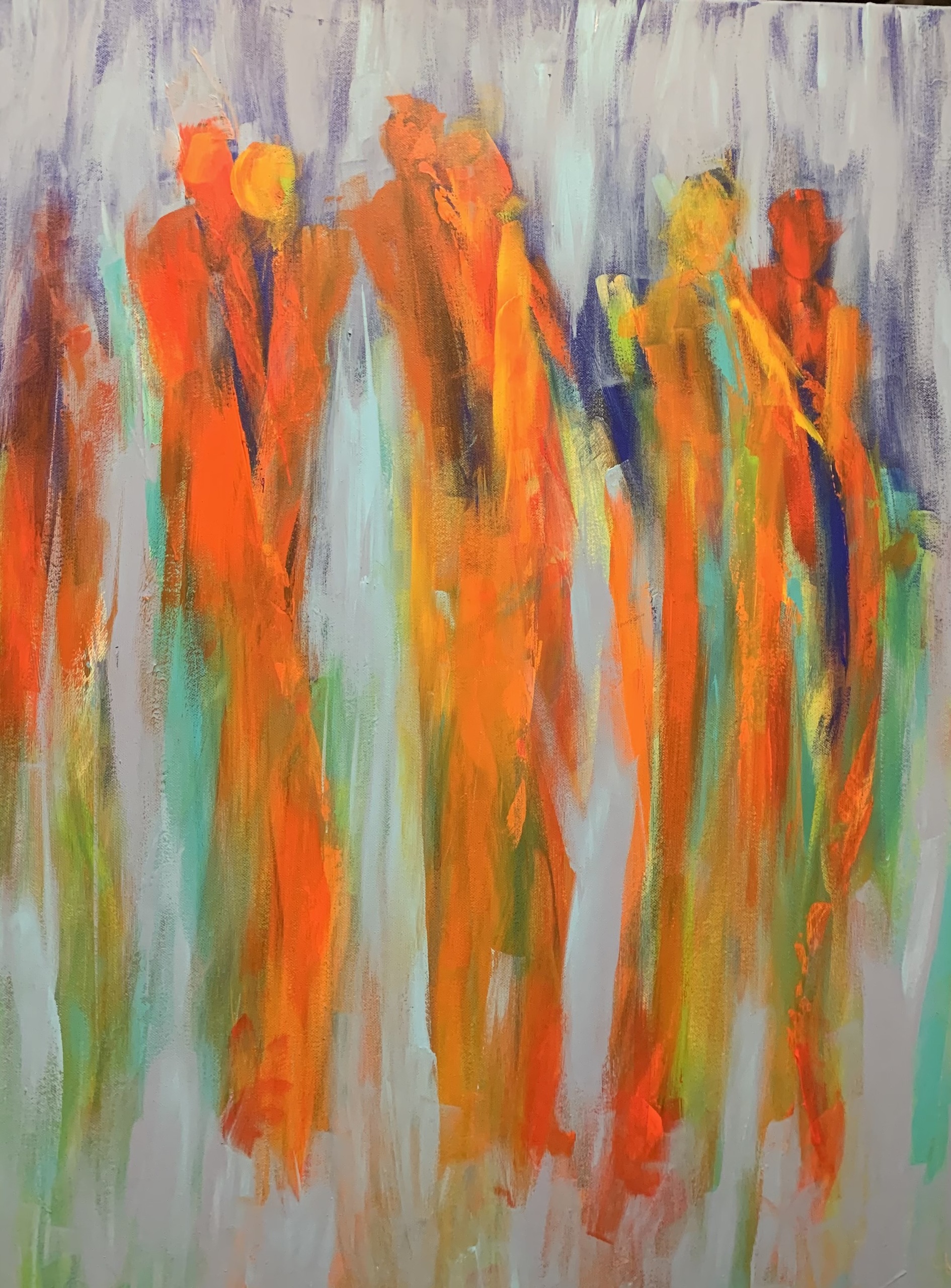 Skønne varme forårsfarver i dette abstrakte maleri med mennesker.