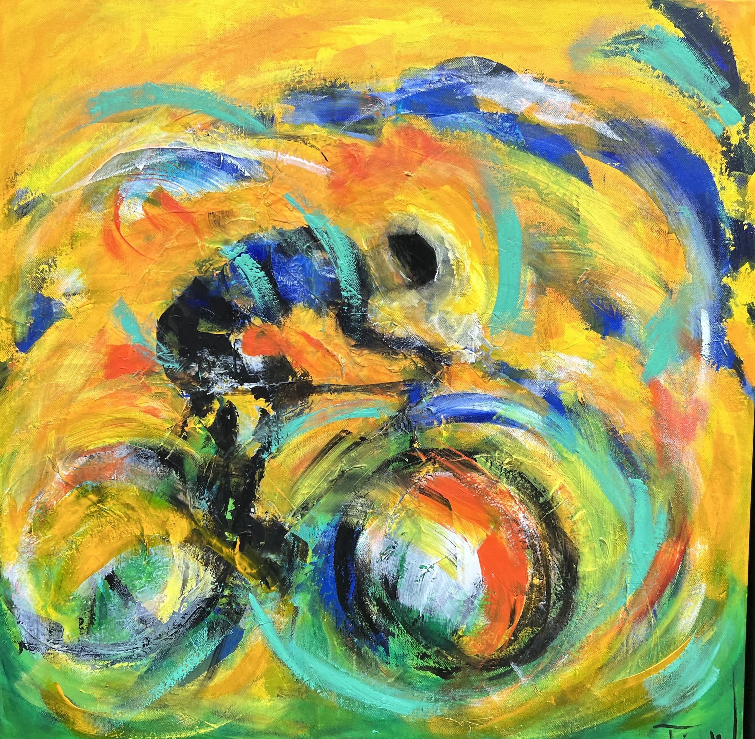 Det blæser ofte i Danmark. Her et farverigt maleri af en cyklist på racercykel, der cykler i modvind. 