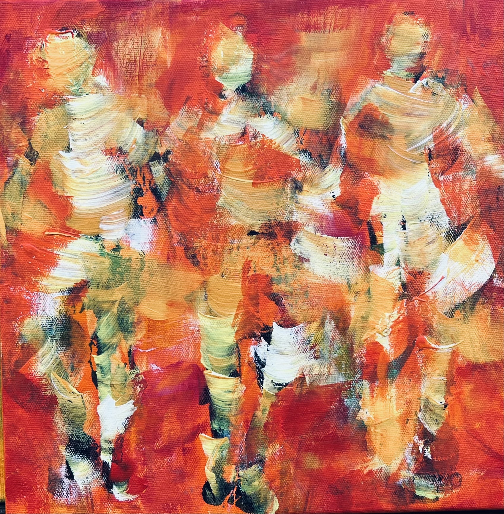 Lille abstrakt maleri af personer der løber. De spændende dynamiske strøg giver bevægelse og energi i maleri og et abstrakt udytryk.