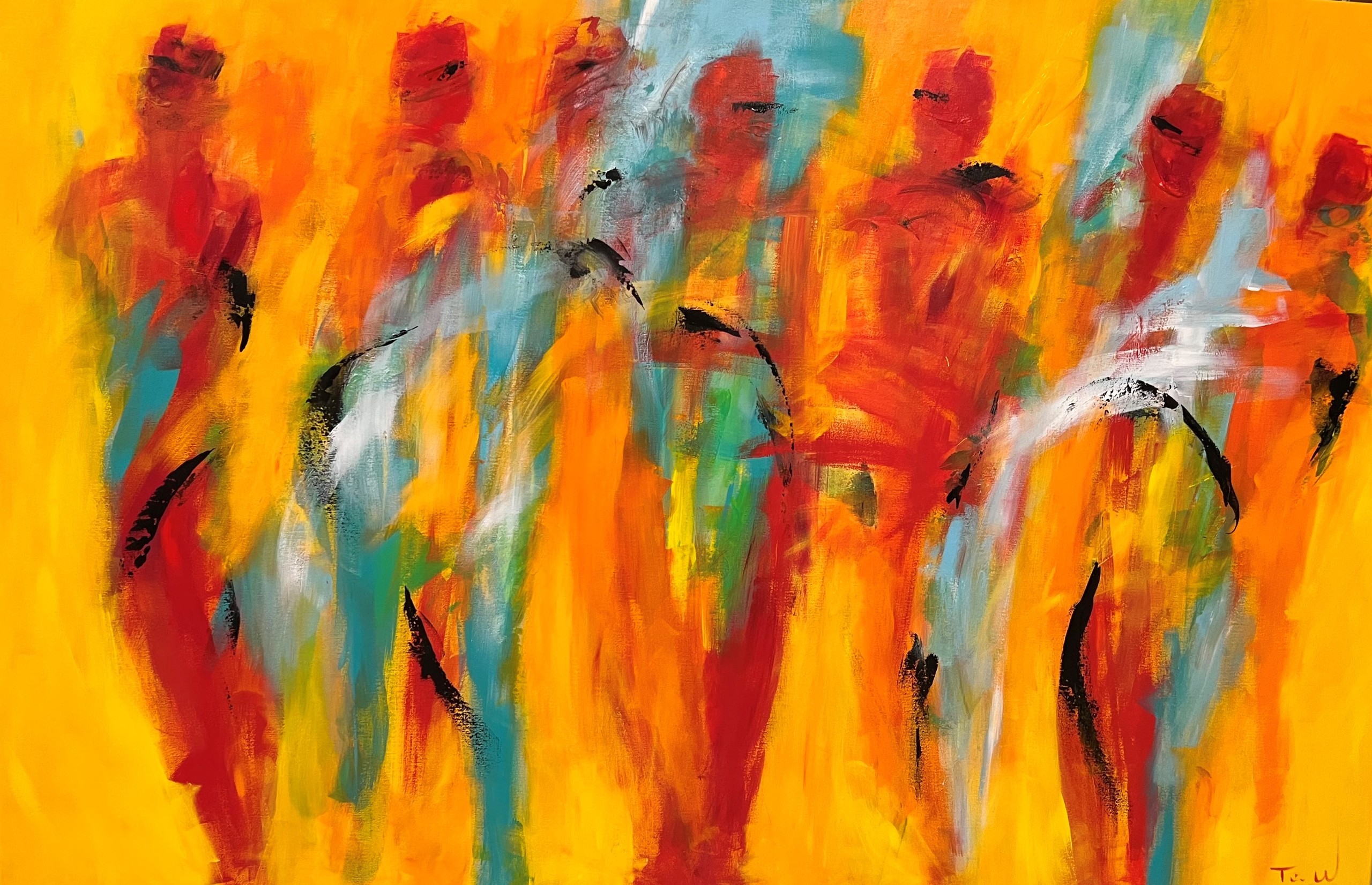 Stort maleri i glade farver med mennesker i bevægelse - måske dans.