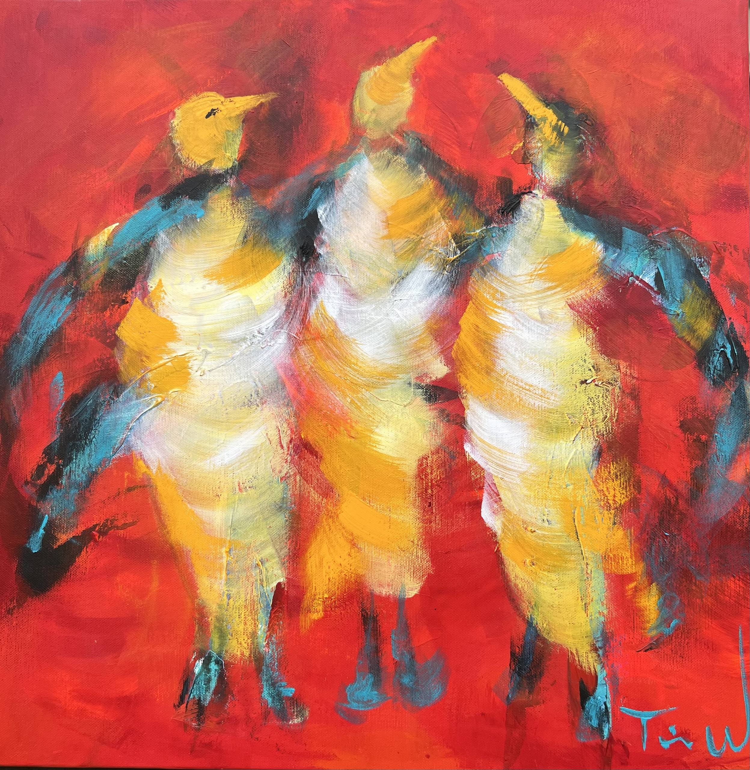 Abstrakt maleri i stærke farve med mange tolkningsmuligheder. Selv ser jeg tre pingviner, der står og synger.