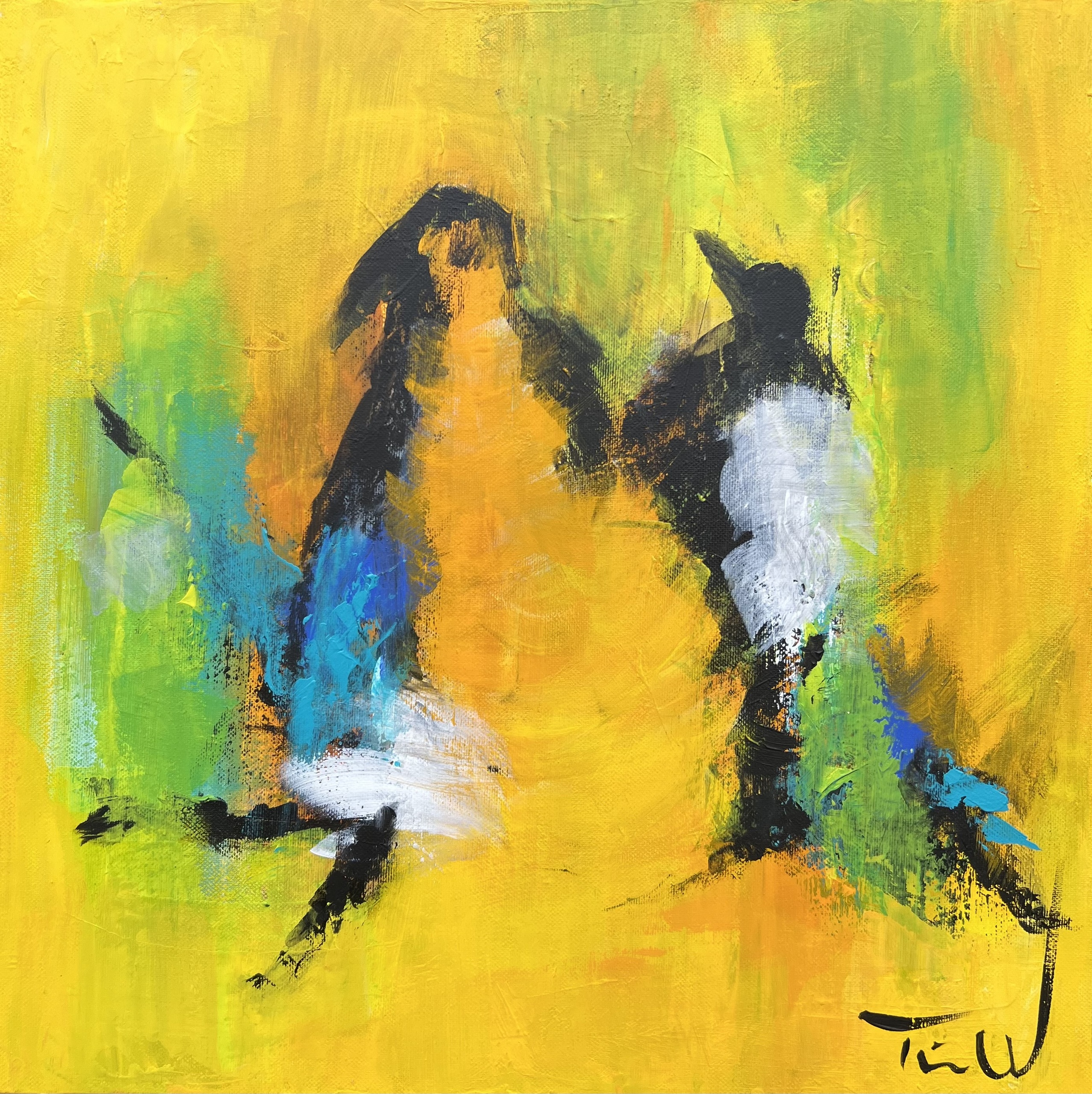 Med enkle streger er der malet en abstraktion over tre pingvine.