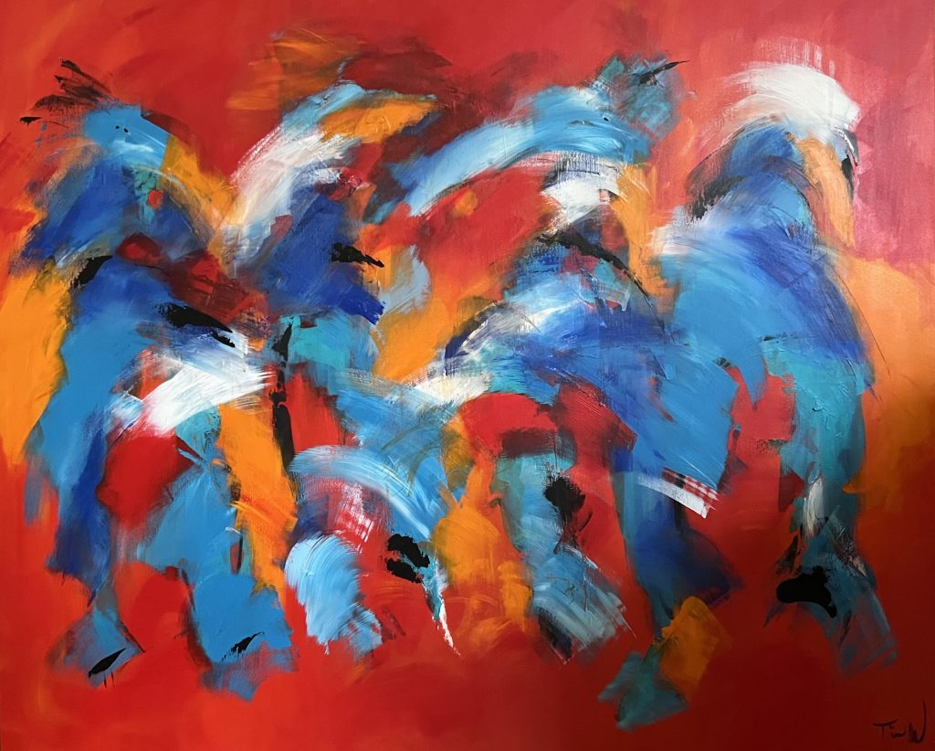 Powerfuldt maleri i røde nuancer med 4 figurer i blåt