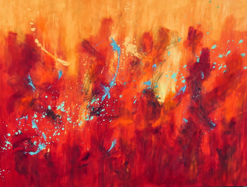 Kæmpe stort maleri i varme farve med bevægelse, rytme og energi - det kan være dansende flammer, gløder der tændes og mennesker toner frem