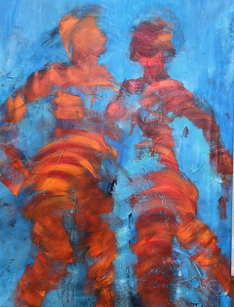 Flot abstrakt maleri i blå og røde nuancer med muligheder for tolkning. Jeg ser selv to dansende mennesker tæt forbundet