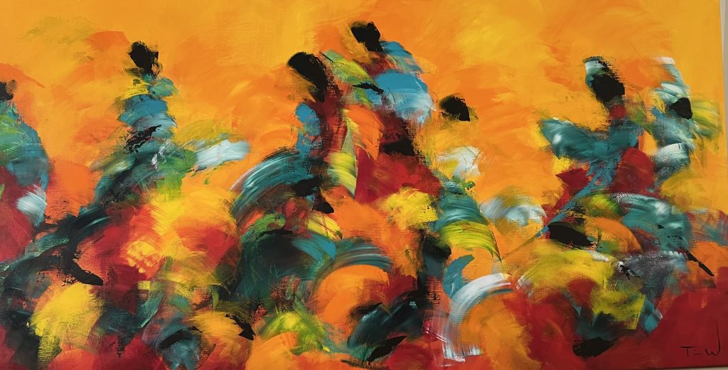 Aflangt abstrakt maleri i stærke farver med masser af bevægelse og energi - nogle vil se dansende personer andre noget helt andet.