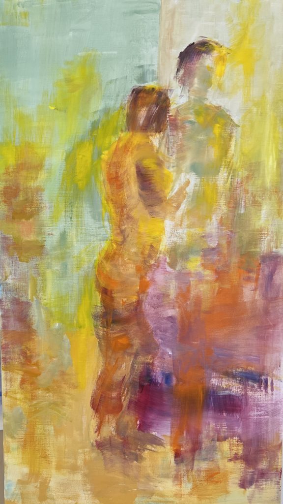 Aflangt maleri i smukke harmoniske farver, som er inspireret af Bonnards maleri kvinde ved spejlet
