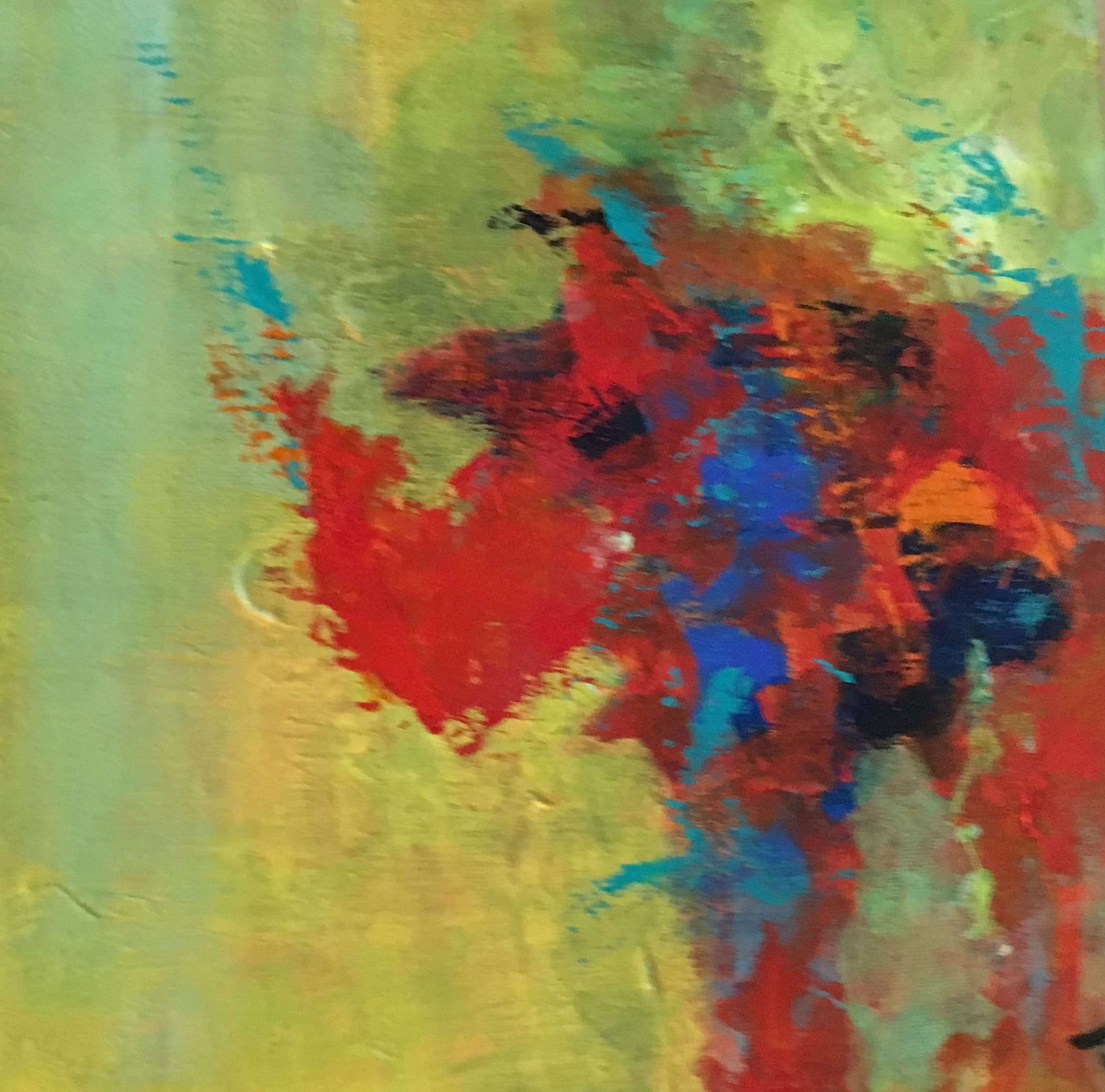Et Næsehorn står og kigger ud i luften i dette lille farverige abstrakte maleri.