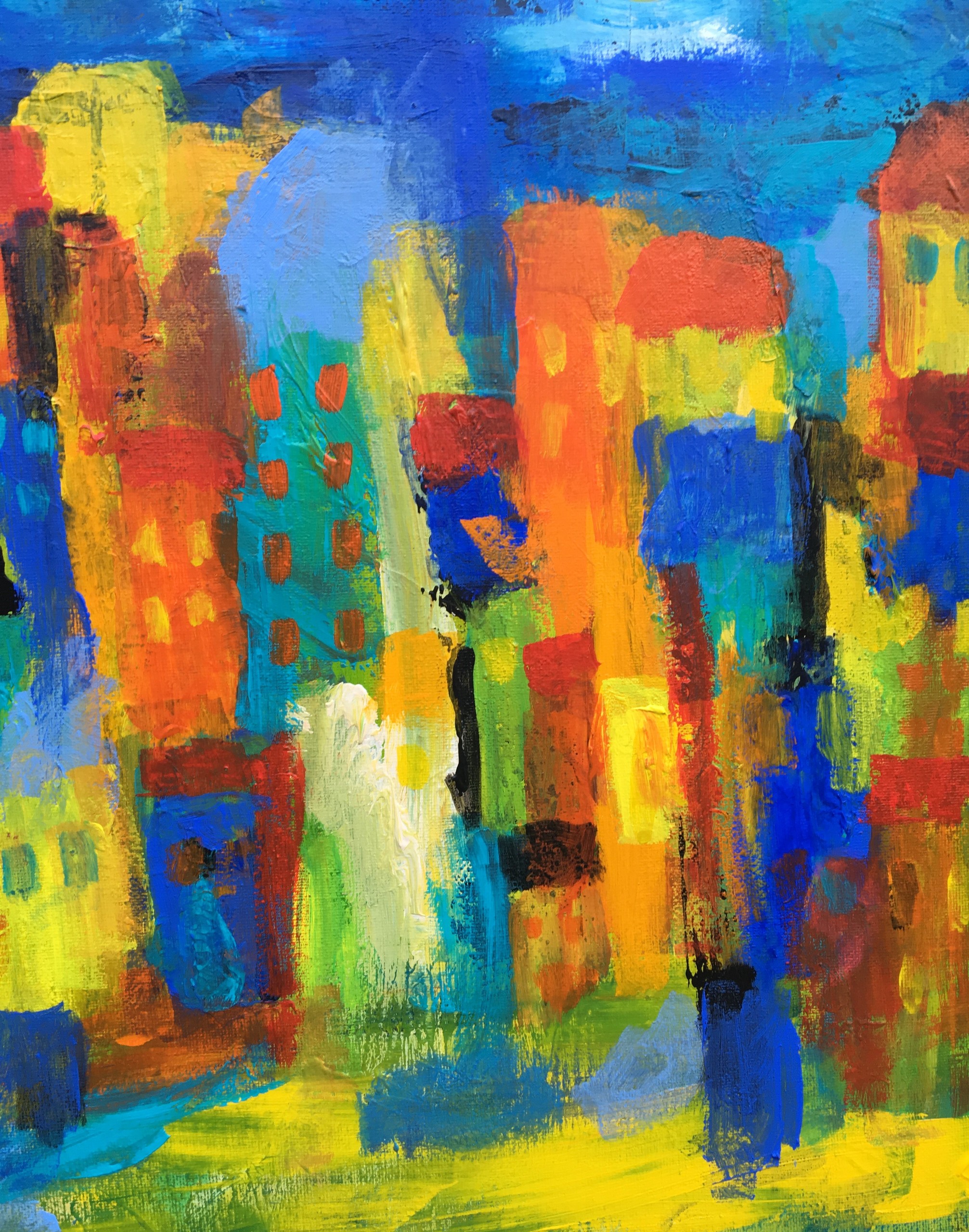 Maleri med glade huse i stærke farve giver et positivt og varm stemning.