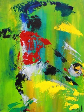 Maleri med fodboldspiller i røde og hvide farver, der sparker til bolden. 