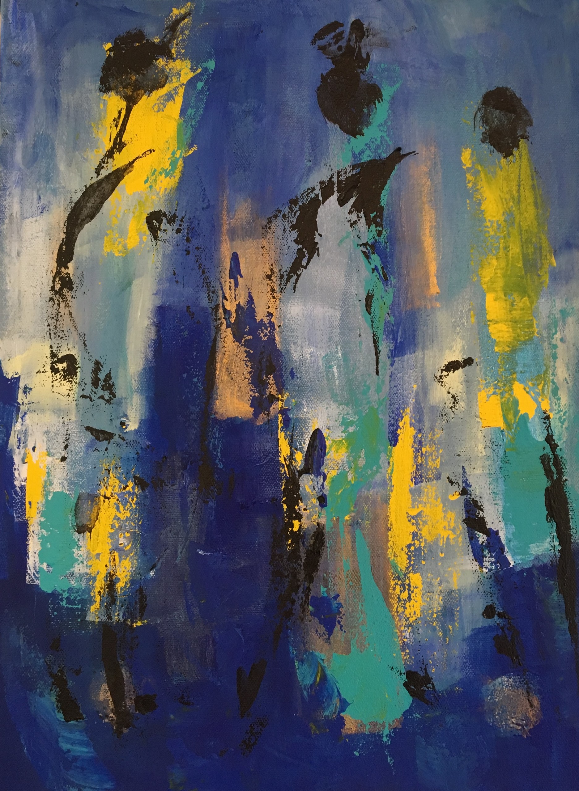 Lille blåt tone-i-tone maleri, hvor man i abstraktionen sre tre afrikanske kvinder.