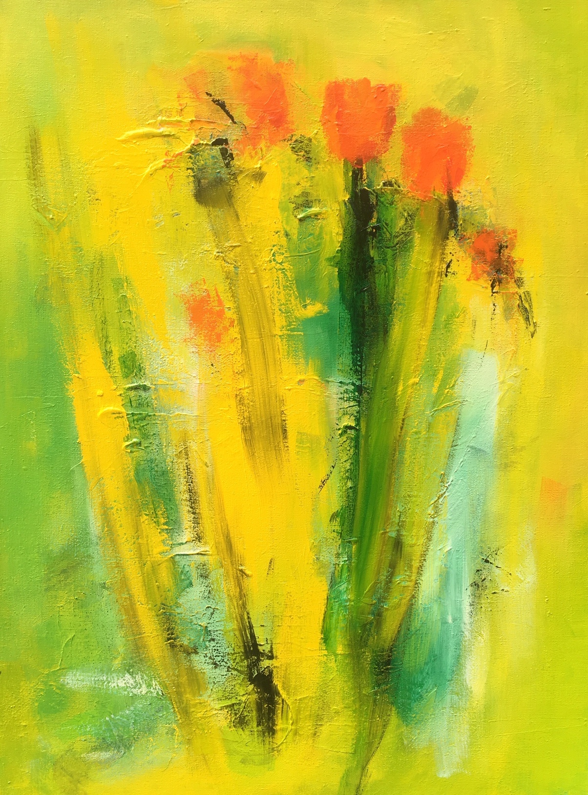 Skønne forårsfarver i dette lyse og positive maleri - som er abstrakt, men også kan ses som tulipaner i haven