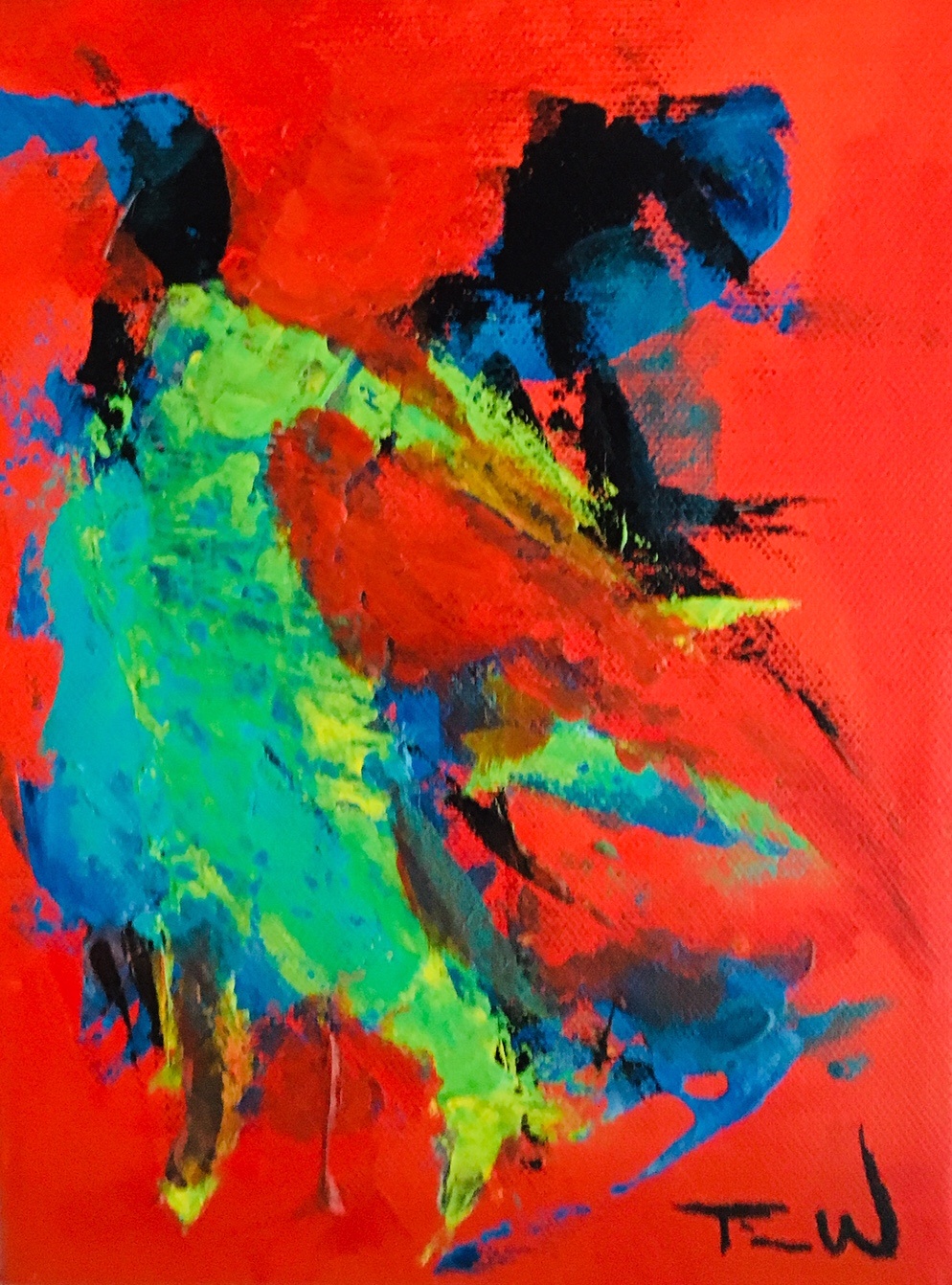 Lille farverigt maleri med grøn, rød og blå. Abstrakt maleri - og alligevel ser jeg en kvinde i dans.