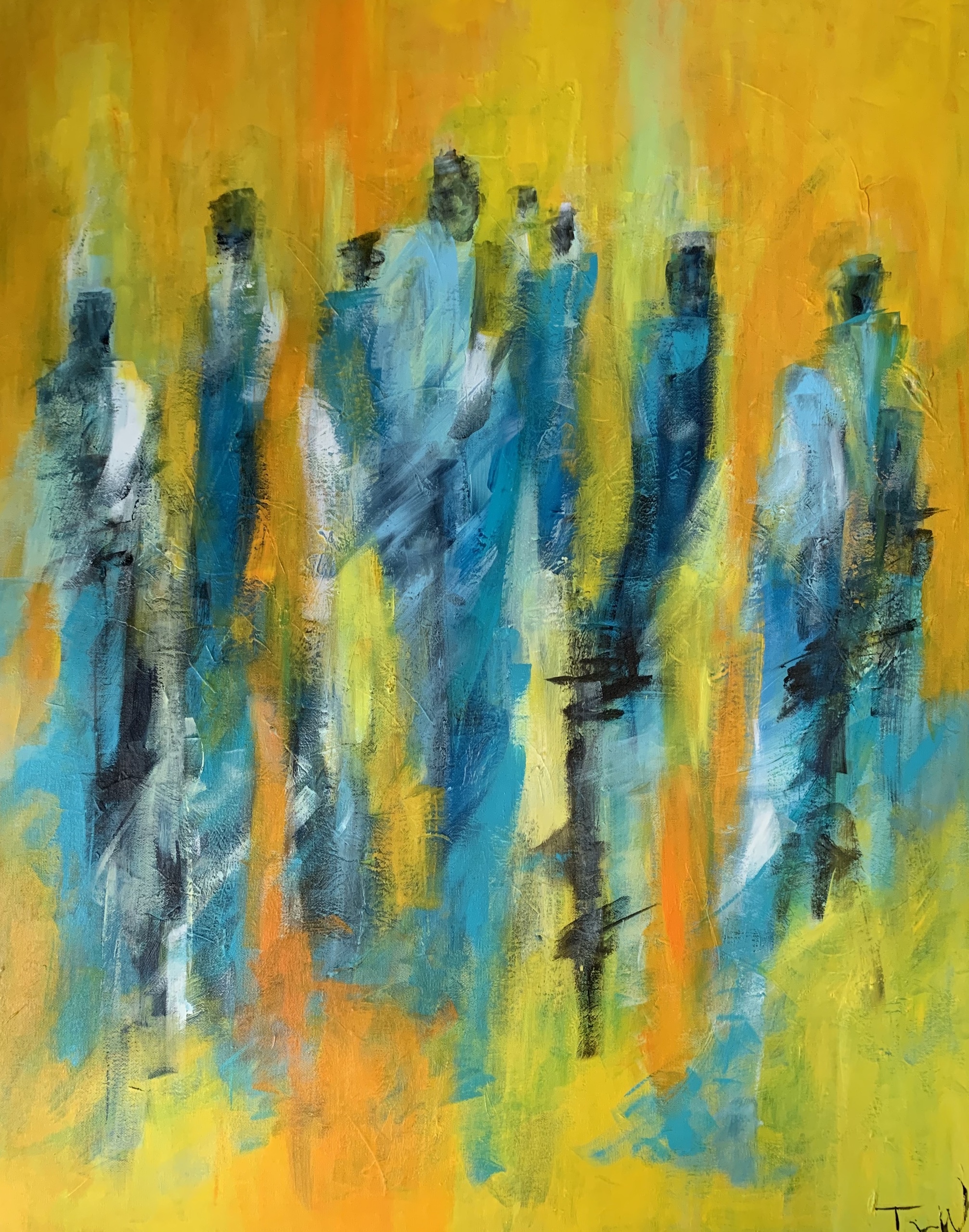 Stort maleri ppå højkant med abstrakte mennesker, der står i en gruppe.