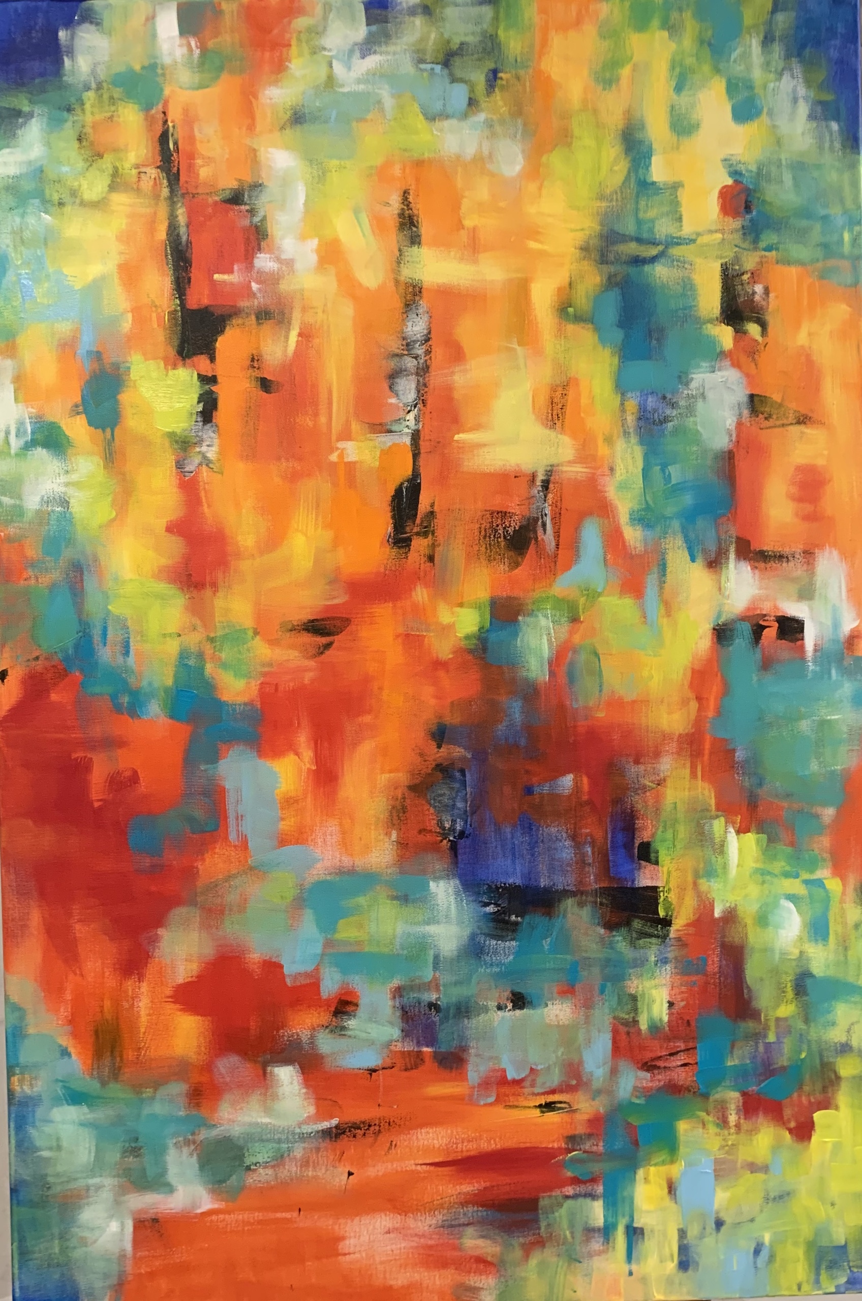Impressionistisk stil i et stort abstrakt maleri med skønne farvemættede farver, der er sat på med lette og hurtige strøg.