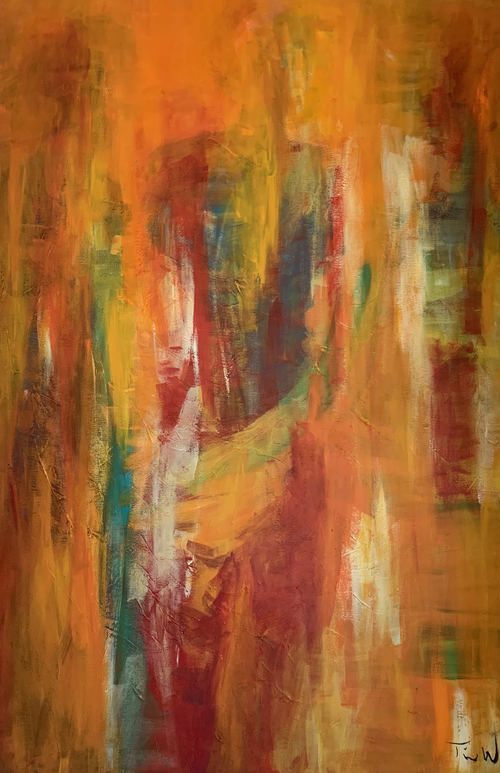 Abstrakt maleri, hvor man i det diffuse lys aner personer. Det er et spændende og harmonisk maleri med et blødt og stemningsfuldt udtryk.