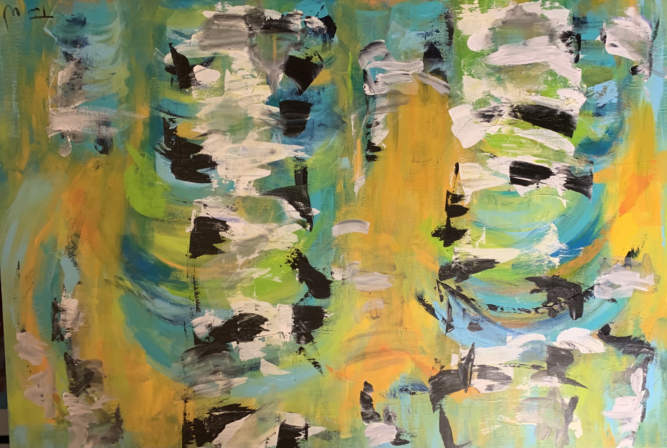 Aflangt stort abstrakt maleri, som er inspireret af birkeskoven om foråret.