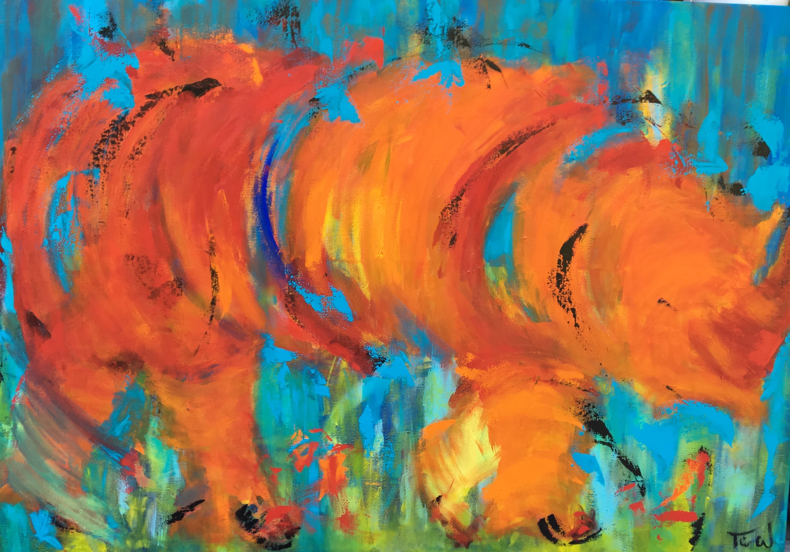 Stort maleri i gyldne farver af næsehornet Martha, der går mellem blomster og med fugle på ryggen.