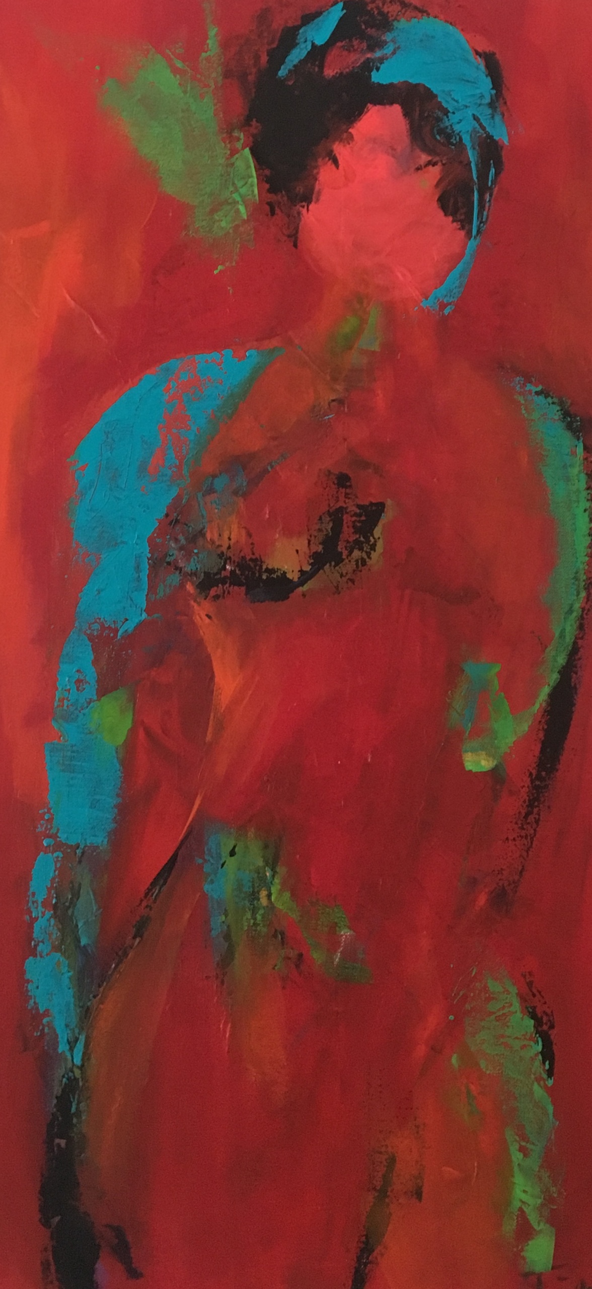 Aflangt maleri med rød baggrund, hvor der med enkle streger i blåt, grønt og sort er antydninger af en kvinde.