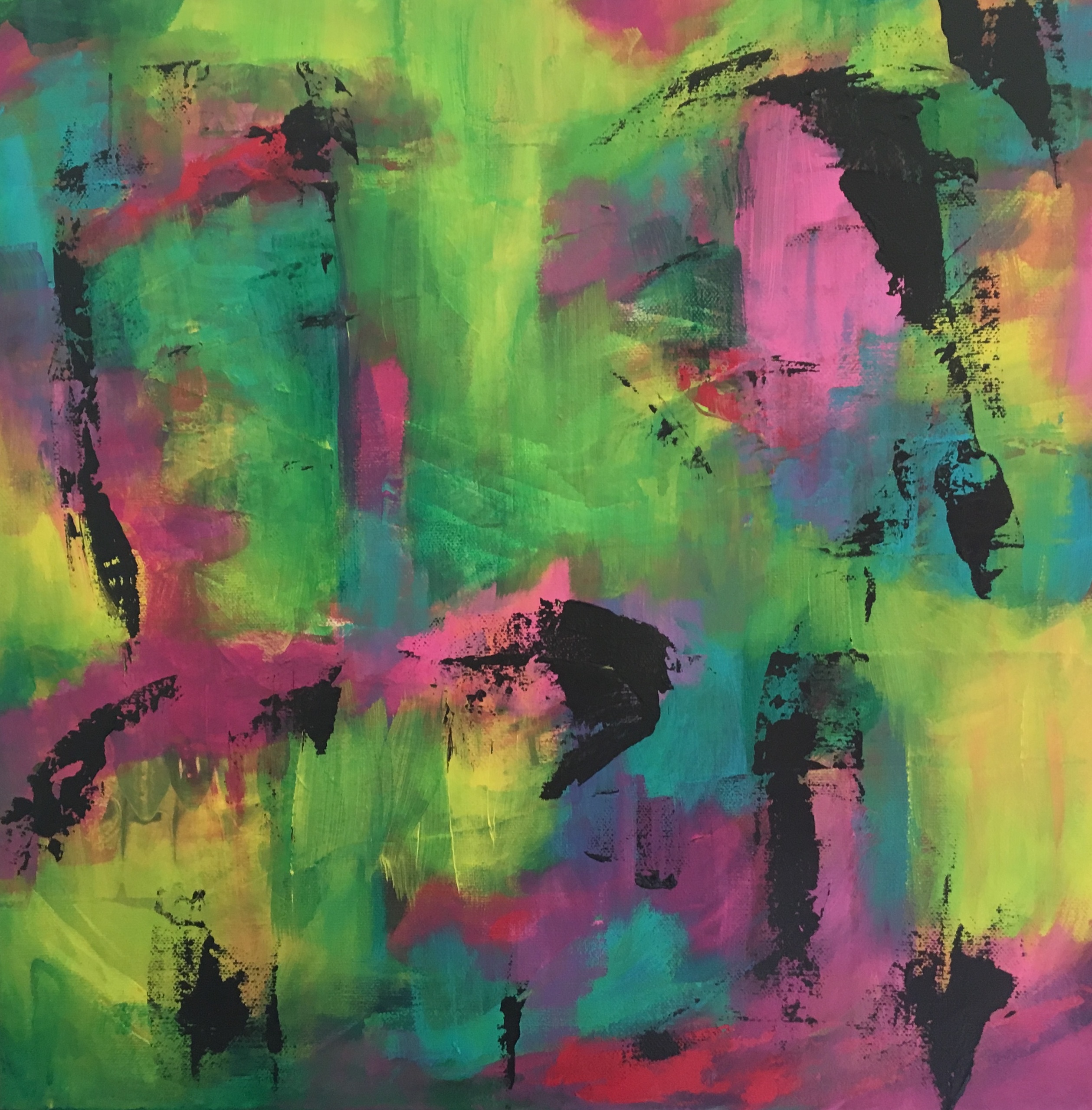 Abstrakt maleri i lime og pink farver, hvor ansigter toner frem i det abstrakte.