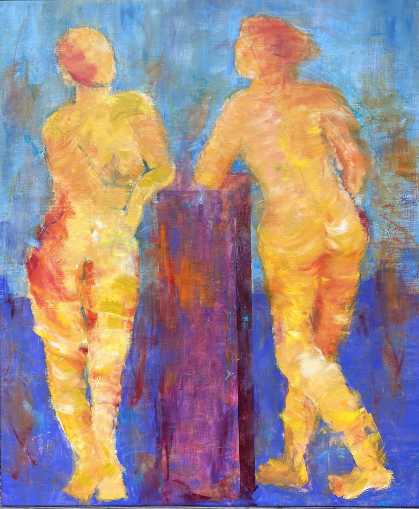 Stort aflangt maleri med en malerisk og kompromiløst farvespil - med to kvinder i gule nuancer på en rød og lilla baggrund