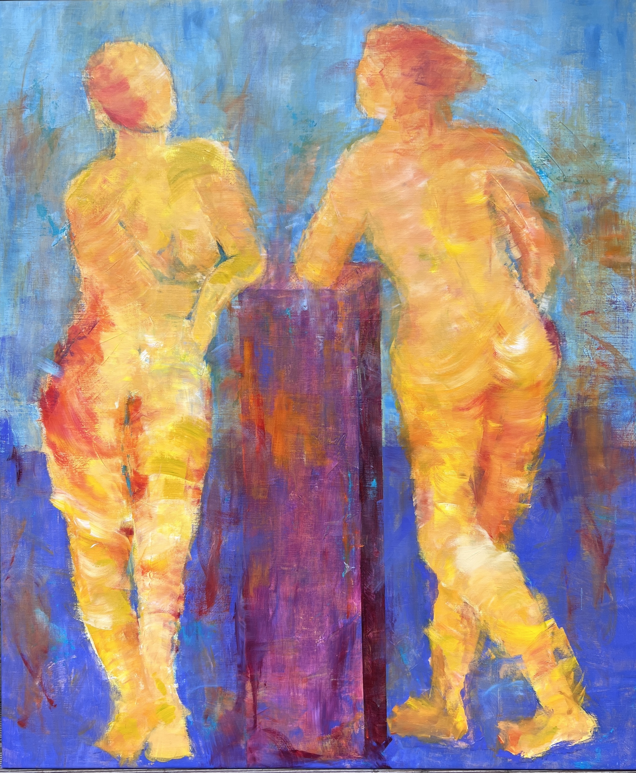 Abstrakt maleri hvor man ser to kvinder i snak i en klassisk komposition med et kompromiløs farvevalg og dynamiske penselstrøg