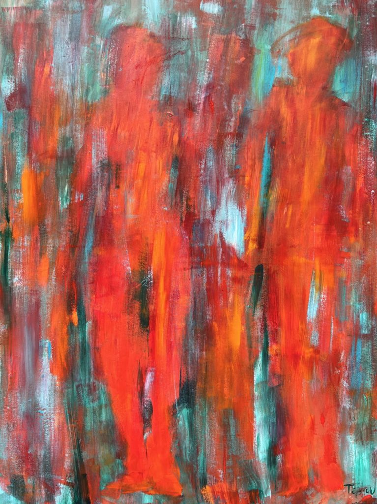 Stort aflangt abstrakt maleri med stærke farver i rød og blå, hvor 2 personer træder frem i et sitrende lys
