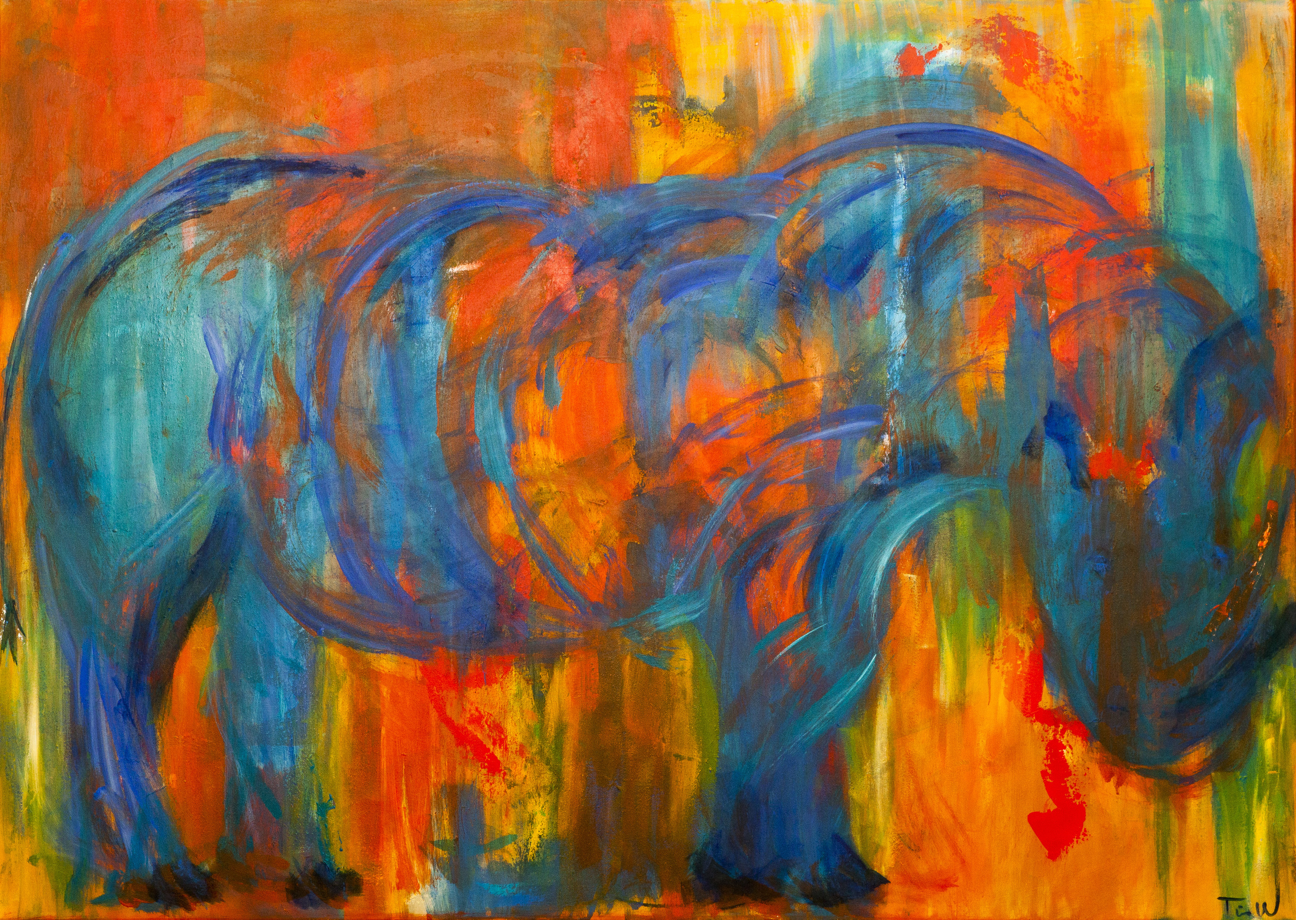 Blå og orange toner blandes til et spændende abstrakt maleri.