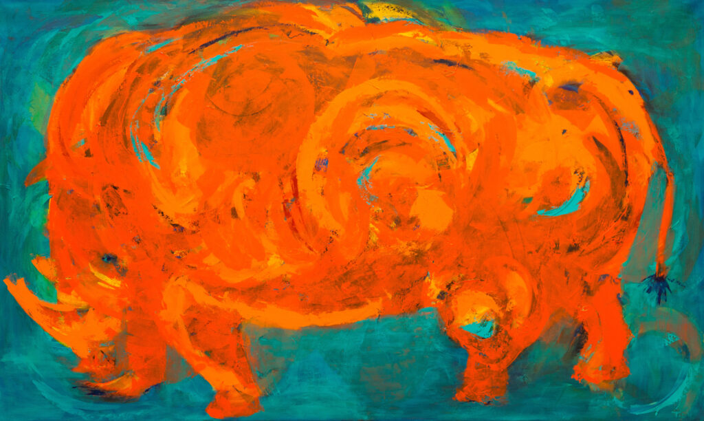 Store abstrakte farverige malerier her af næsehorn i varme og glade farver