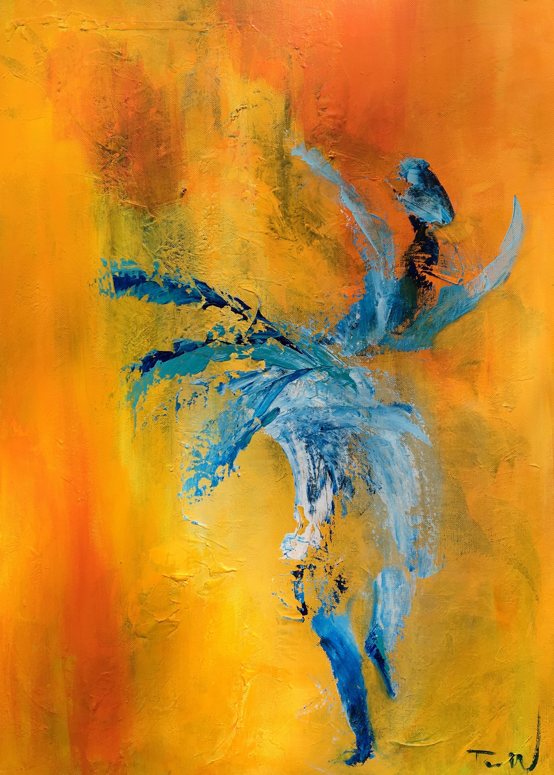 Ballerina i dans på orange og gul baggrund i blå og hvide nuancer.