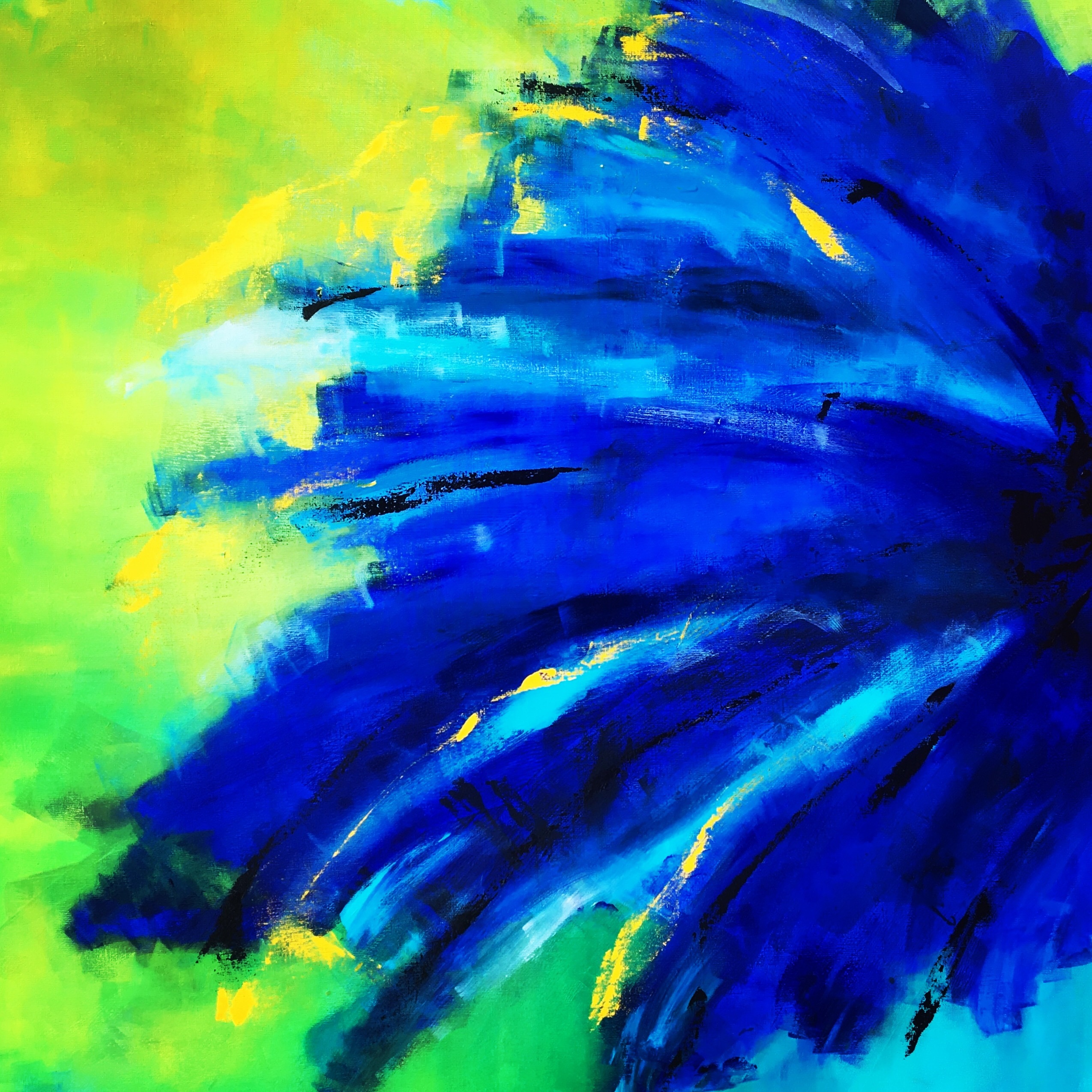 Ser vi en hale af en påfugl eller en del af en blomst i dette farverige abstrakte maleri?