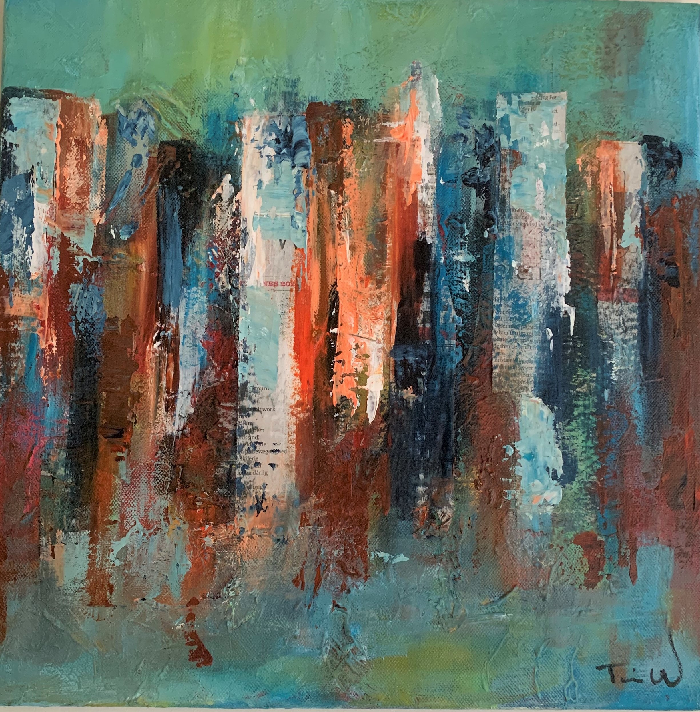 Jordfarverne er kombineret i dette abstrakte maleri, som kan få tankerne hen på en skyline fra en storby.