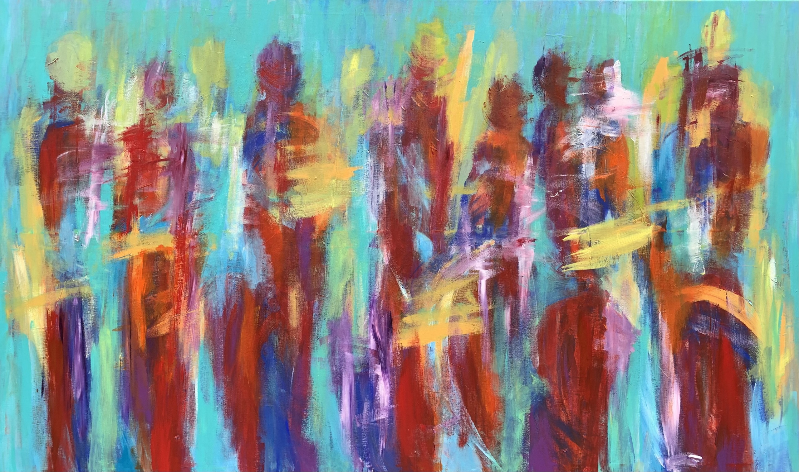 Stort farverigt maleri med mennesker og masser af bevægelse og liv.