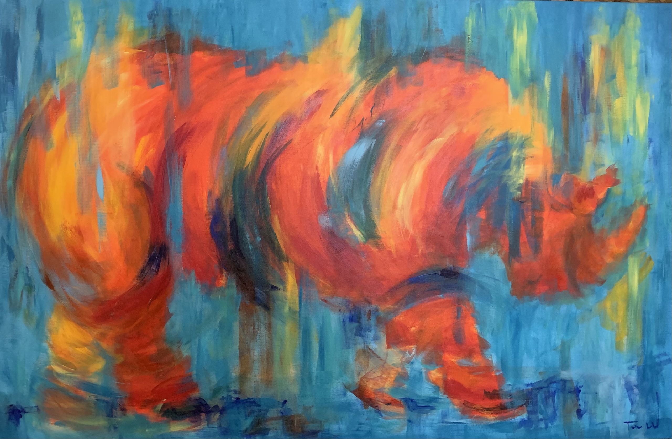 Stort abstrakt maleri, hvor man muligvis kan se et næsehorn i de spontane og transparente strøg.