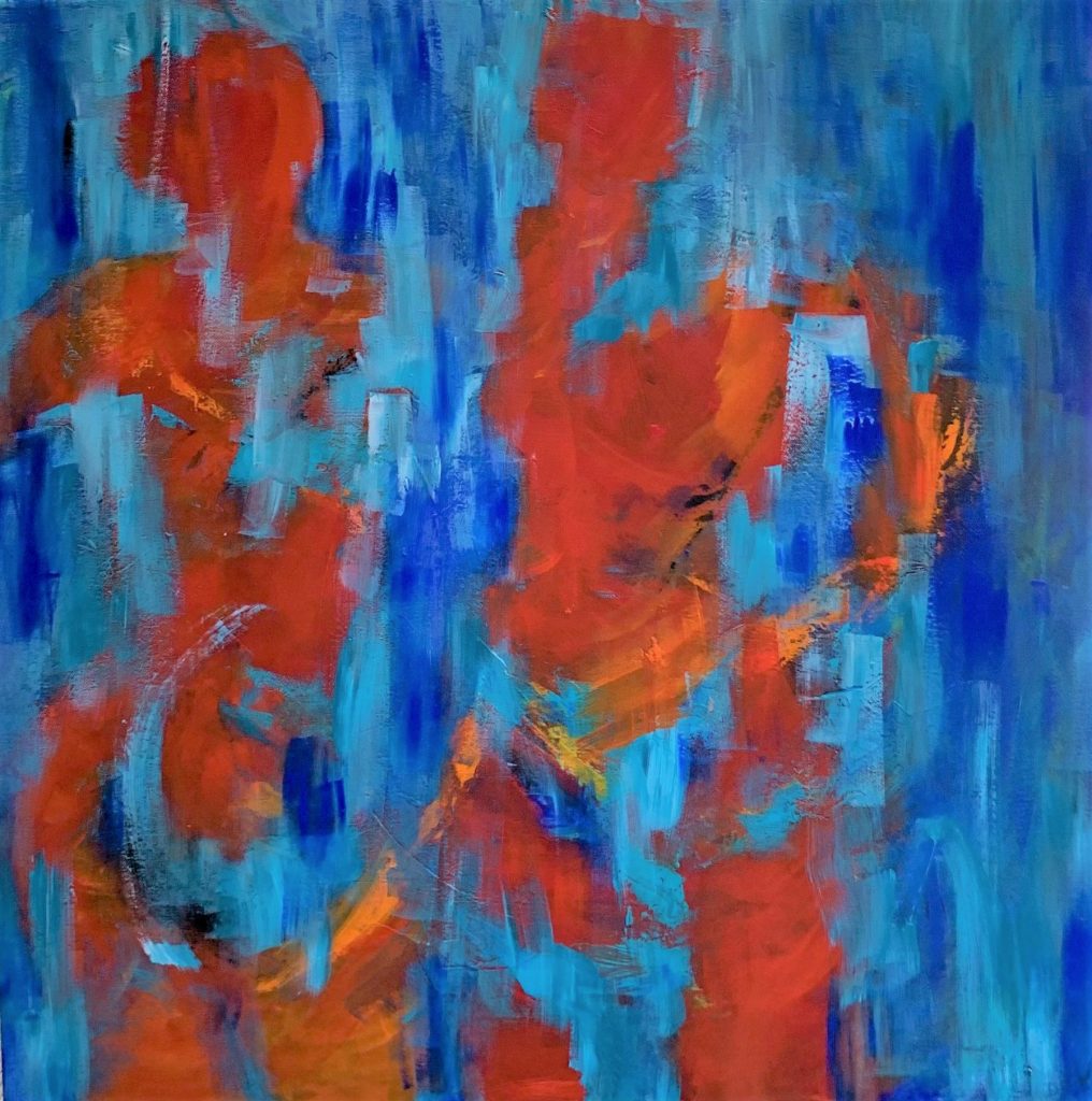 Maleri med blå baggrund og to figurer i varme røde og orange farver, der står overfor hinanden