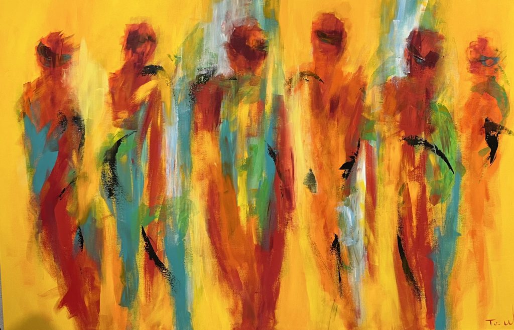 Abstrakt og farverigt maleri med mennesker, der står sammen